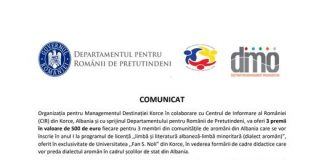 Comunicat comun al Organizației pentru Managementul Destinației și Centrului de Informare al României (CIR) din Korce pentru membrii din comunitățile de aromâni